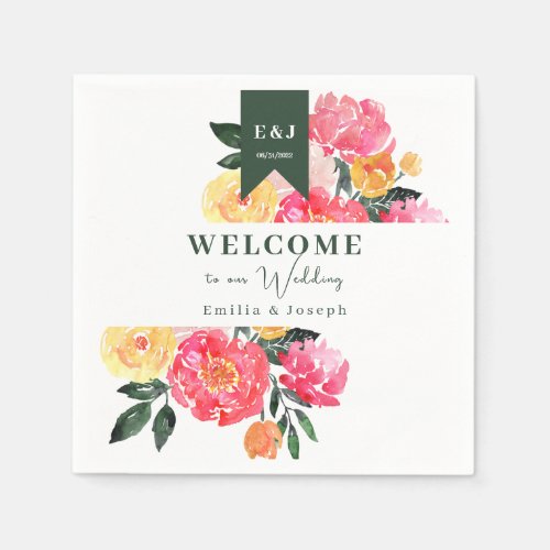 Pink Peony Boquet Floral on green Paper Napkin