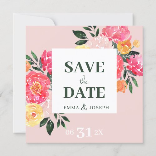 Pink Peony Boquet Floral on green Save the Date Invitation