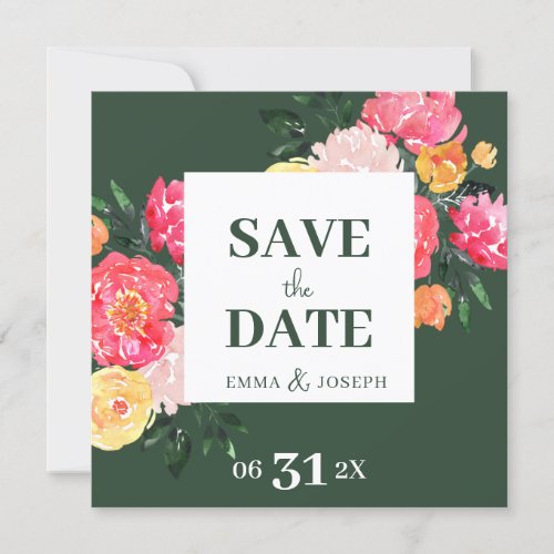 Pink Peony Boquet Floral on green Save the Date Invitation
