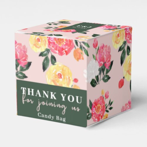 Pink Peony Boquet Floral on green Wedding Favor Boxes