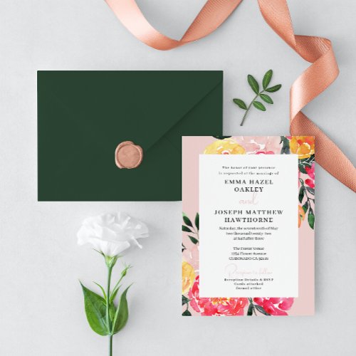 Pink Peony Boquet Floral  on green Wedding Invitation