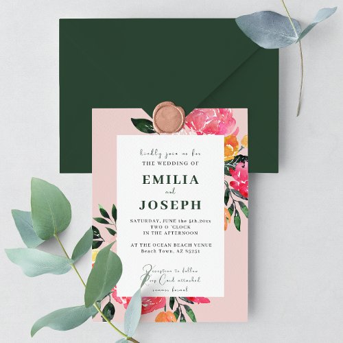 Pink Peony Boquet Floral on green Wedding Invitation