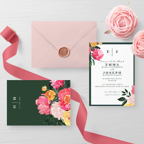 Pink Peony Boquet Floral  on green Wedding Invitation