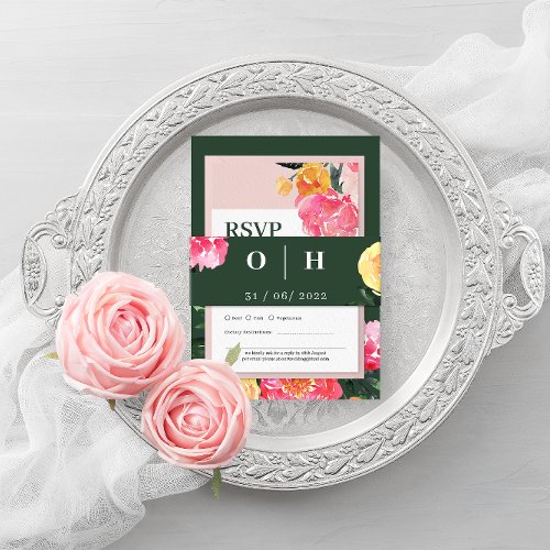 Pink Peony Boquet Floral on green Wedding Invitation Belly Band