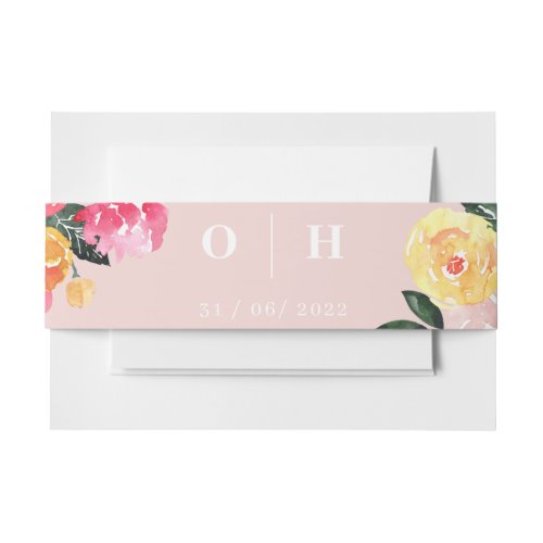 Pink Peony Boquet Floral on green Wedding Invitation Belly Band