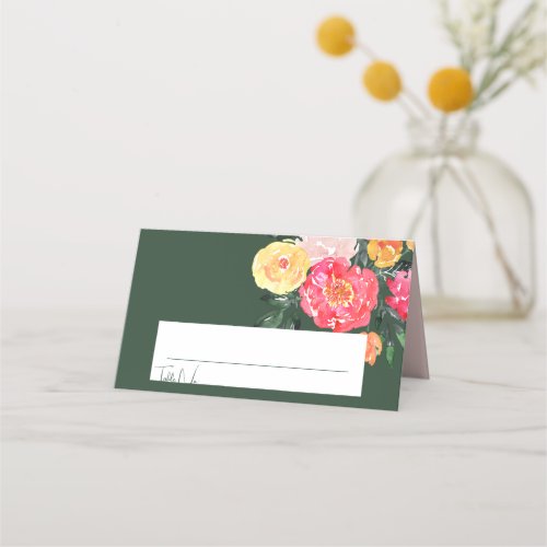 Pink Peony Boquet Floral on green Wedding Place Card