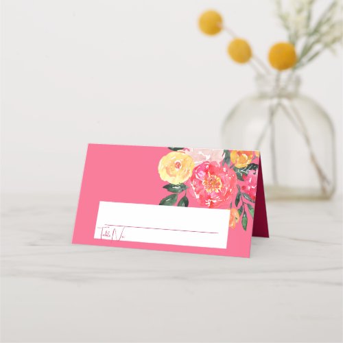 Pink Peony Boquet Floral on green Wedding Place Card