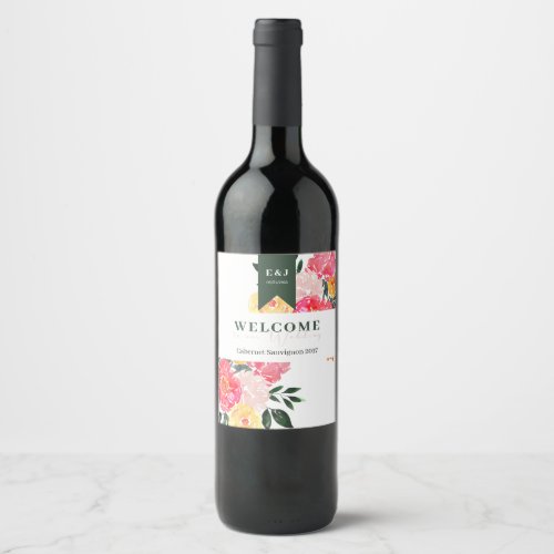 Pink Peony Boquet Floral on green Welcome  Wine Label