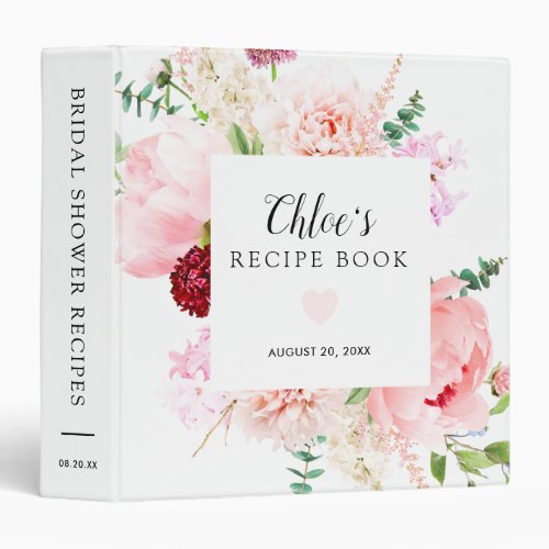 Pink Peony Botanical Bridal Shower Recipe Book 3 Ring Binder