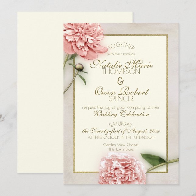 Pink Peony Botanical Wedding Invitation (Front/Back)