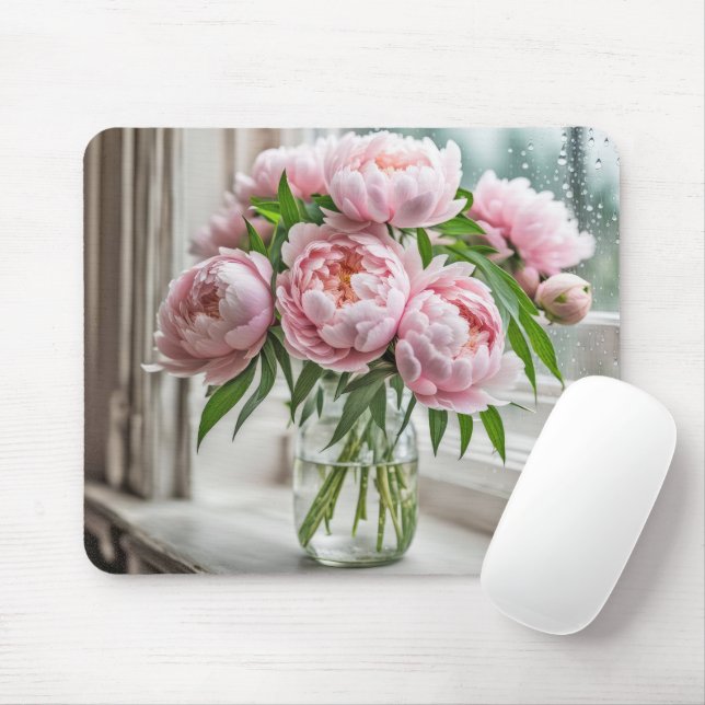 Pink Peony Bouquet By a Rainy Window Mouse Pad (With Mouse)
