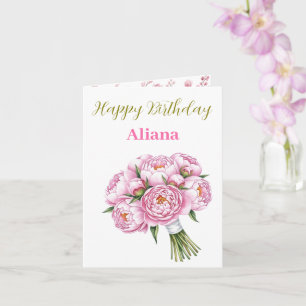 Pink Peony Bouquet Custom name & Text Pretty Girl Card