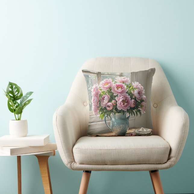 Pink Peony Bouquet On Lace Throw Pillow (Chair)