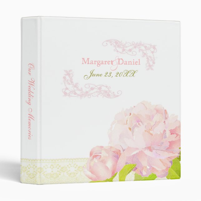 Pink Peony Bouquet Wedding Photo Album 3 Ring Binder (Front/Spine)