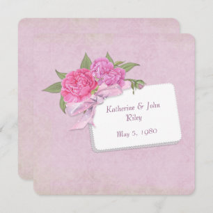 pink peony bouquet with ribbon invitation