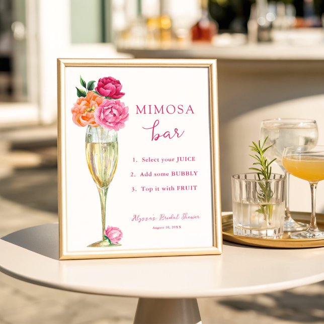 Pink Peony Bright Floral Mimosa Bar Shower Poster (Creator Uploaded)
