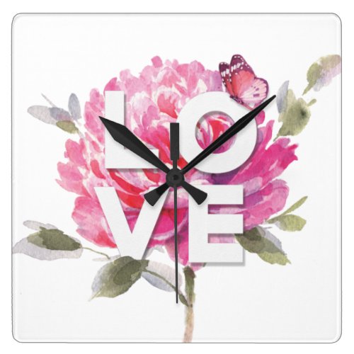 Pink Peony Butterfly Watercolor Love Script  Square Wall Clock