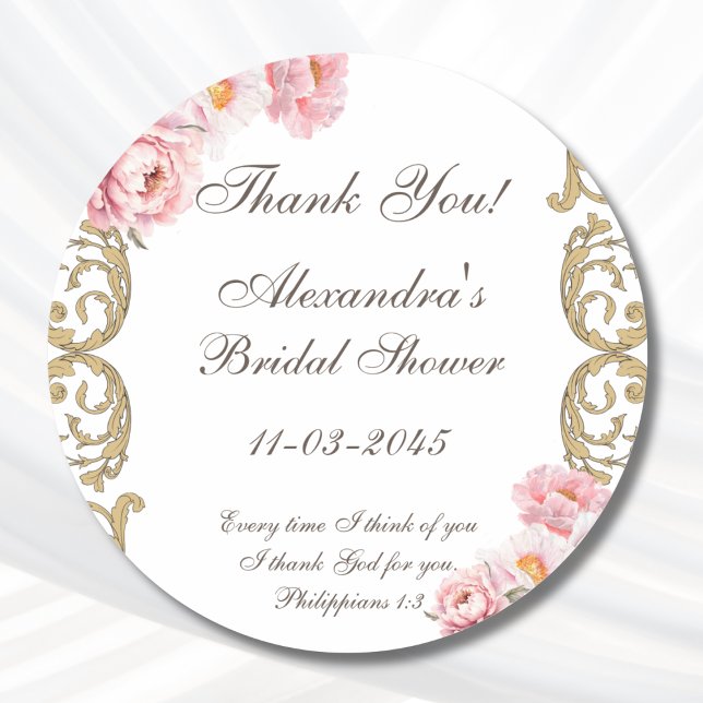Pink Peony Christian Bridal Shower Thank You Classic Round Sticker (Creator Uploaded)