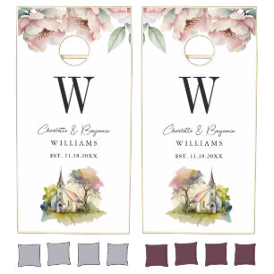 Pink Peony Church Monogram Religious Wedding Cornhole Set