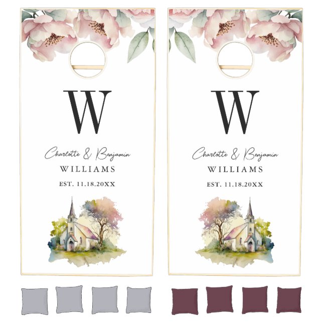 Pink Peony Church Monogram Religious Wedding Cornhole Set (Set)