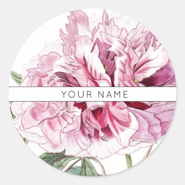 PINK PEONY CLASSIC ROUND CUSTOM NAME STICKER (Front)
