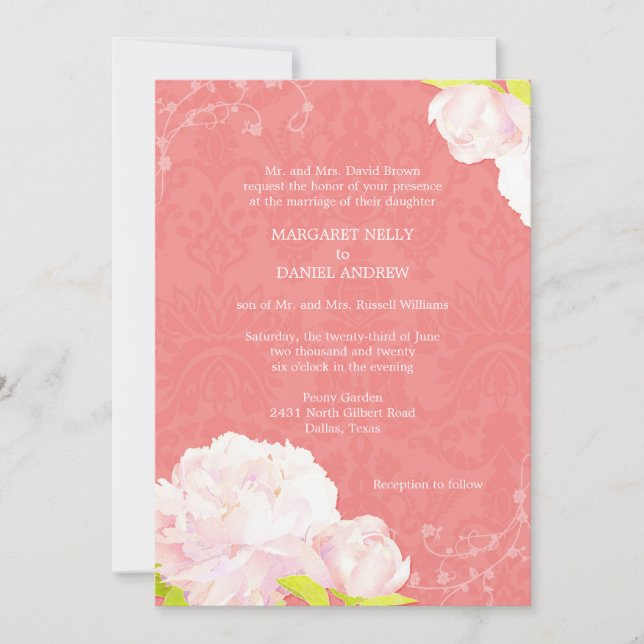 Pink Peony Coral Shades Wedding Invitation (Front)