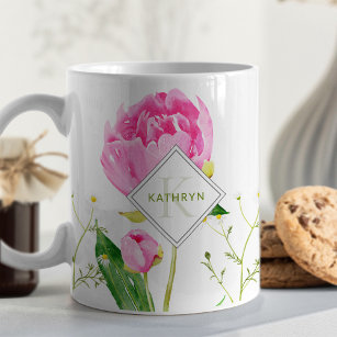 Pink Peony & Daisy Illustrated Monogram Coffee Mug