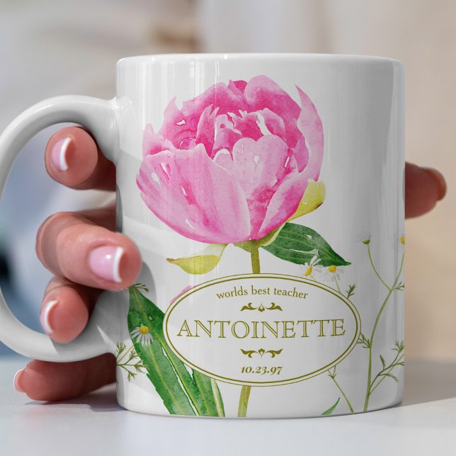 Pink Peony & Daisy Illustrated Name & Date Coffee Mug (Creator Uploaded)