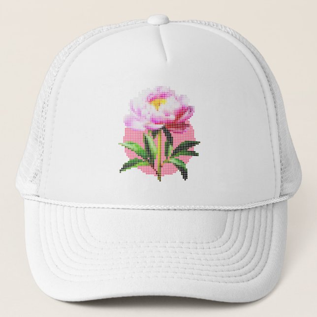 Pink Peony Dot Mosaic Flower Trucker Hat (Front)