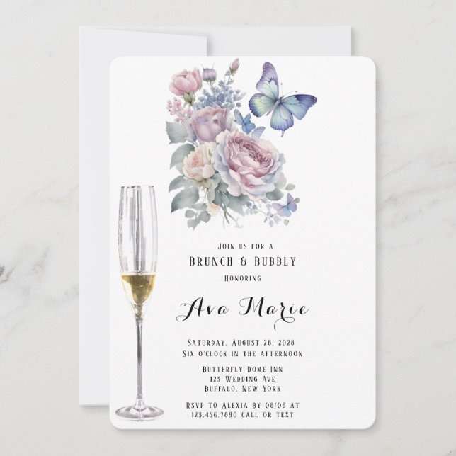 Pink Peony Dusty Blue Butterfly Brunch & Bubbly Invitation (Front)