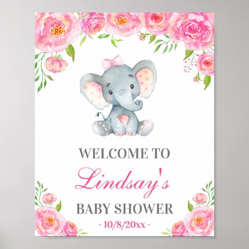 Pink Peony Elephant Girl Baby Shower Welcome Sign