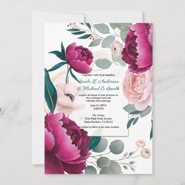Pink Peony Eucalyptus Garden Floral Glam Wedding  Invitation (Front)