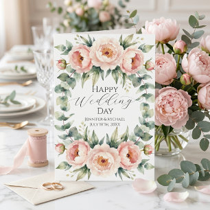 Pink Peony Eucalyptus Watercolor Wedding Congrats Card