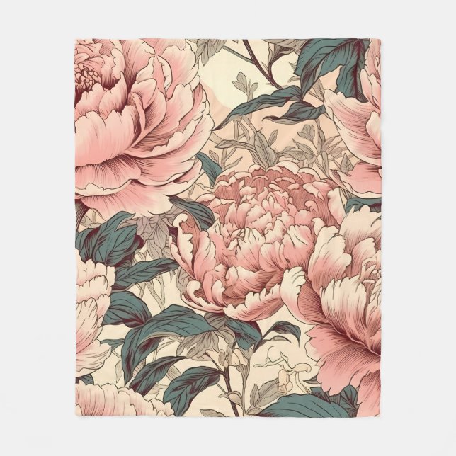 Pink Peony Fleece Blanket (Front)