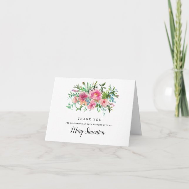 Pink Peony Floral 90th Birthday Photo Thank You Card (Front)