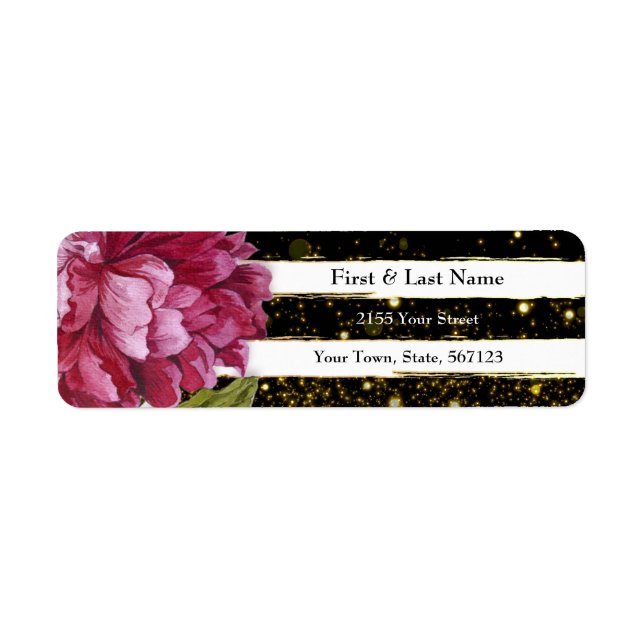 Pink Peony Floral Black and White Stripe Label (Front)