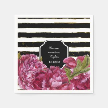 Pink Peony Floral Black And White Stripe Napkins by SpiceTree_Weddings at Zazzle