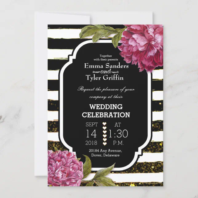 Pink Peony Floral Black And White Stripe Wedding Invitation 