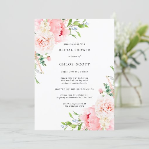 Pink Peony Floral Botanical Bridal Shower Invitati Invitation | Zazzle