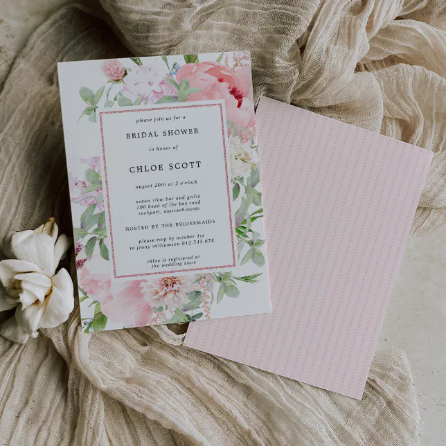 Pink Peony Floral Botanical Bridal Shower Invitation 