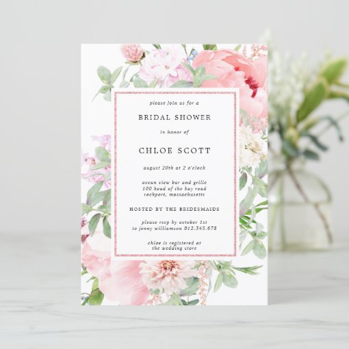 Pink Peony Floral Botanical Bridal Shower Invitation 