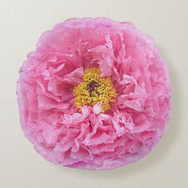 Pink Peony Floral Botanical Round Pillow (Front)