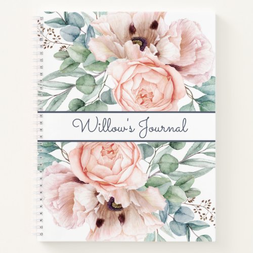 Pink Peony Floral Botanical White Notebook