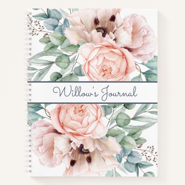 Pink Peony Floral Botanical White Notebook (Front)