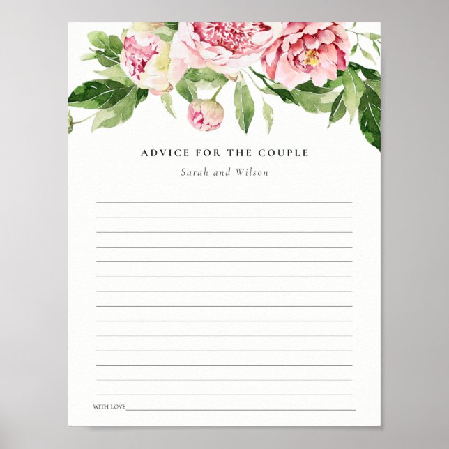 Pink Peony Floral Bridal Shower Advice for Couple Poster (Front)