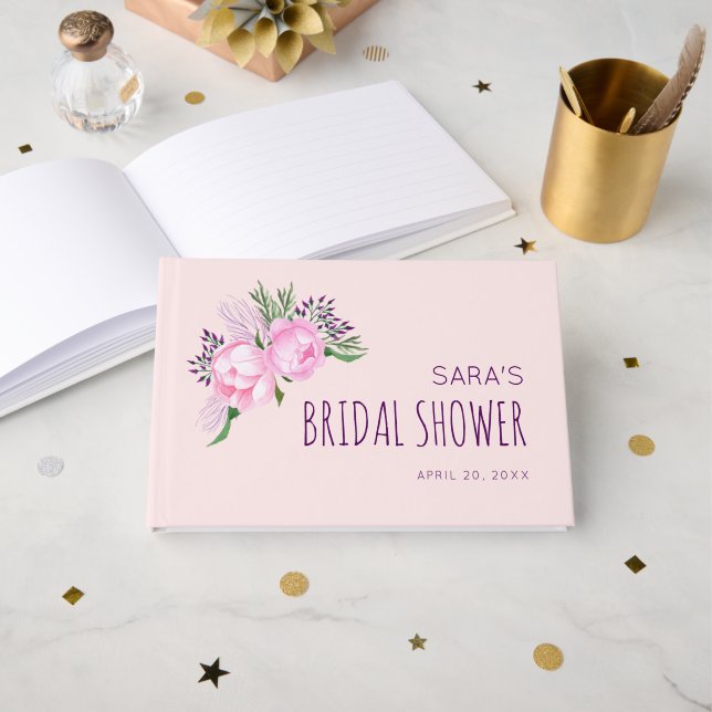 Pink Peony Floral Bridal Shower Guest Book (Front Open)