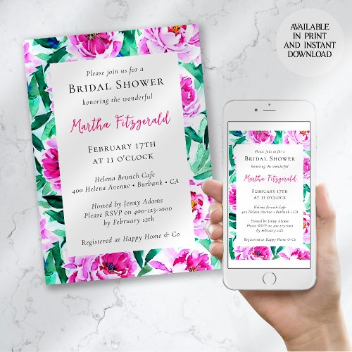 Pink Peony Floral Bridal Shower Invitation