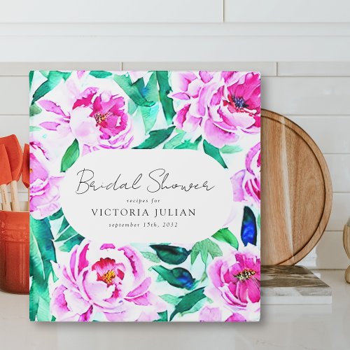 Pink Peony Floral Bridal Shower Recipe 3 Ring Binder