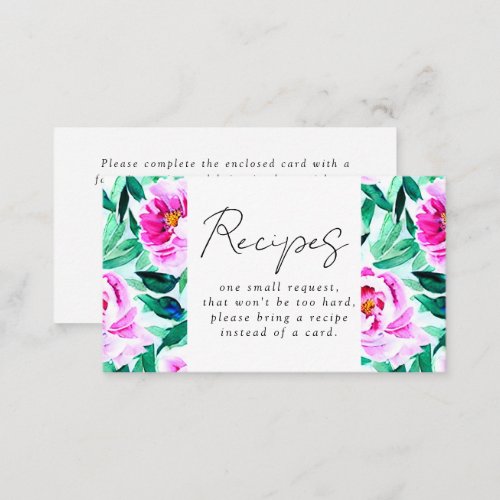 Pink Peony Floral Bridal Shower Recipe Request Enclosure Card