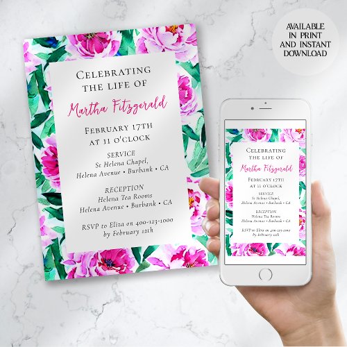 Pink Peony Floral Celebration of Life Memorial Invitation